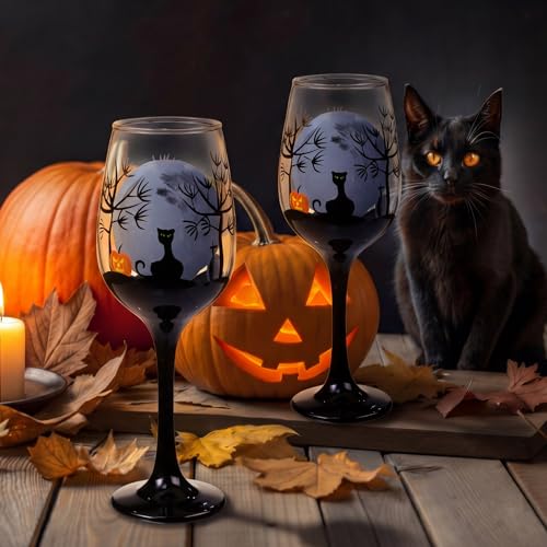 Halloween Black Cat Moon Pumpkin Grave Stone Wine Glass Set - 2 Pcs
