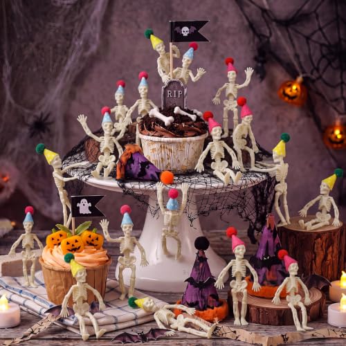 Mini Skeleton Figurines with Felt Hats - Halloween Decorations, 24 Pack