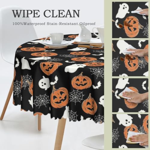 Halloween Round Tablecloth 60 Inch Pumpkin Ghost Spider Web Design - Dust-Proof & Wrinkle Resistant