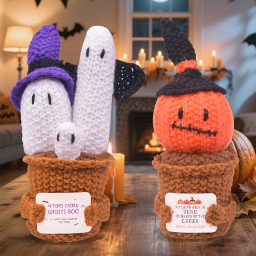 Halloween Positive Ghost Knitted Crochet Decoration with Witch Hat - A-Ghost Variation