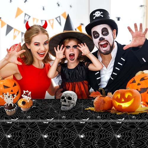 Halloween Plastic Tablecloth Waterproof Disposable Rectangular Cover - Black Spider Web, 54×108 Inches (3 Pcs)