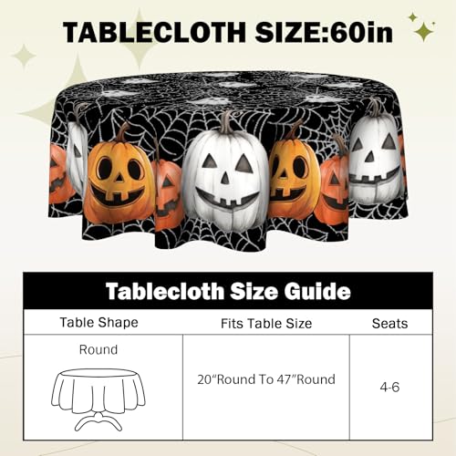 Halloween Round Tablecloth 60 Inch with Spiderweb & Pumpkin Design - Fall Autumn Decor