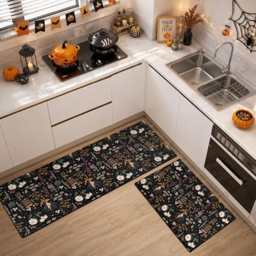 Halloween Kitchen Mat Set of 2 - Witches Garden Gothic Botanical Floor Rugs Non-Slip Washable