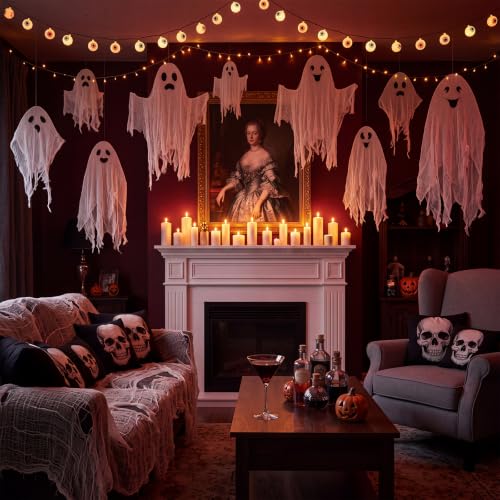 Halloween Hanging Ghost Decorations Set - Outdoor Ghosts with Gauze Sheets & Faces