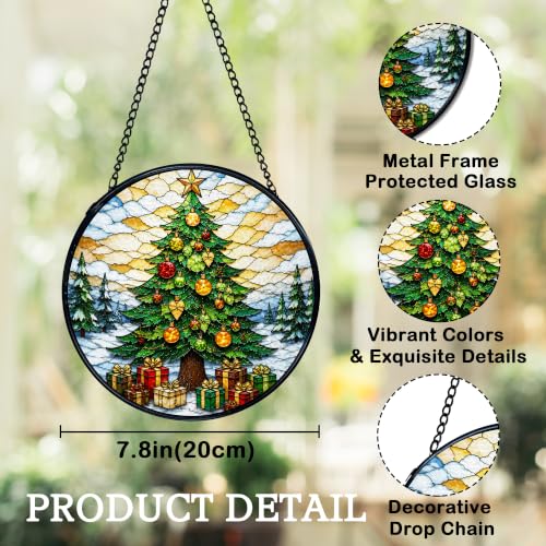 Winter Pine Tree Suncatchers Stained Glass Window Hanging Christmas Tree-3