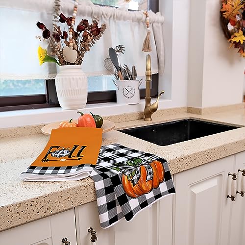 Black Pumpkin Fall Kitchen Towels Set of 2 - Buffalo Plaid Check Dish Towels