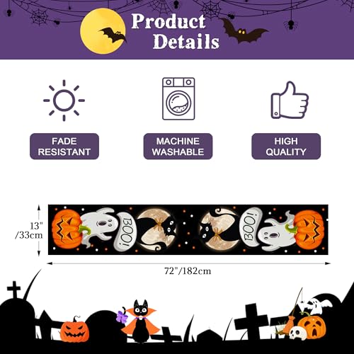 Halloween Black Cat Table Runner - Spooky Fall Decor for Dining Table 13x72 Inch