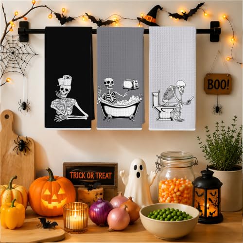 Jztco 3 Pcs Funny Skeleton Hand Towels - Skull Halloween Kitchen Dishcloths - Multi 1445