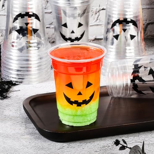 50 Pack Halloween Pumpkin Face Plastic Cups 12oz - Disposable Party Drinkware
