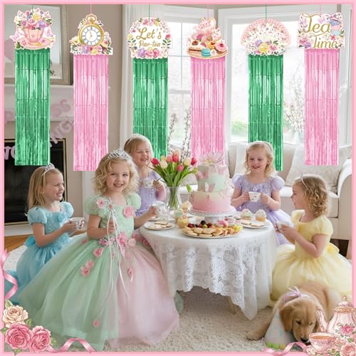 Tea Party Pink Green Hanging Decorations Set - 8 Pieces for Celebrations