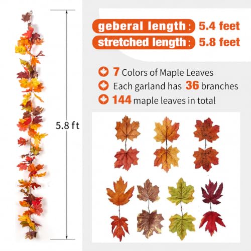Fall Maple Garland with 80 LED String Lights - 23.2ft 4 Pack Autumn Decor