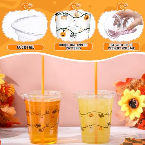 Halloween Plastic Cups with Straws and Lids - 50 Pack, 12oz, Orange, Classic Style