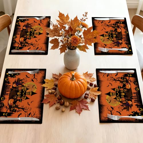 Halloween Placemats Set of 4 - Orange Castle 12x18 Inch Rectangular Table Decor