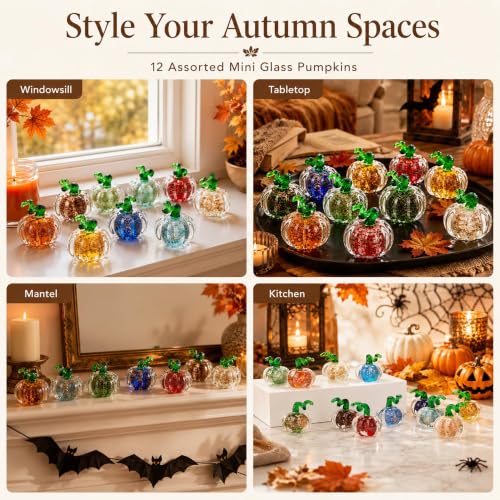 12-Piece Mini Hand Blown Glass Pumpkins Set - Fall Halloween Thanksgiving Decor