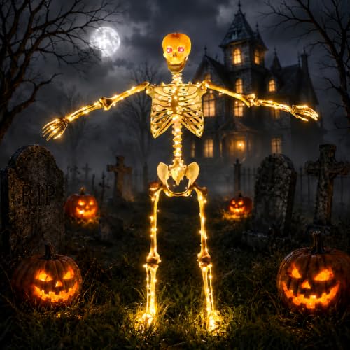 Starweeks White Light-Up Skeleton Halloween Decoration - 53 Inches, Poseable Full Body, Indoor Outdoor Yard Porch Decor
