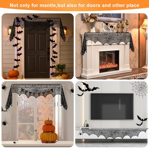 Spidernet Black Lace Spiderweb Fireplace Mantel Scarf - Halloween Decor 96x18 Inch