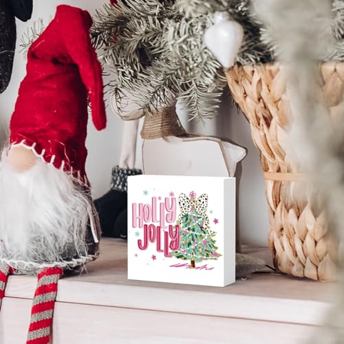 Christmas Tree Wooden Box Sign - Pink Glitter Bow Holiday Decor for Home & Gifts