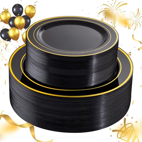 FLOWERCAT 100PCS Black and Gold Disposable Plates Set - Heavy Duty Dinner & Dessert Plates Variation of THIS listing