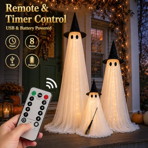 Halloween Outdoor Lighted Ghost Family 3 Pack - L+M+S with Timer & Remote
