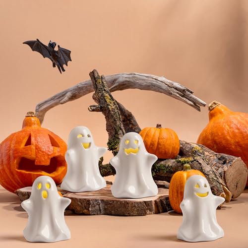 Halloween Ghost Decor Set Light Up LED Ceramic Ghosts 4 Pack - 3 Inch