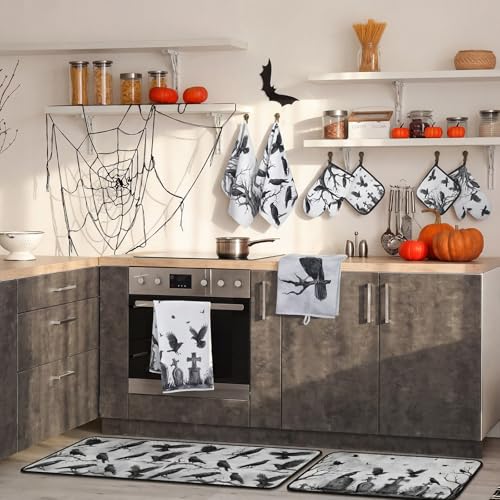 Halloween Crows Kitchen Towels Oven Mitts Pot Holders Set - Black Gray White