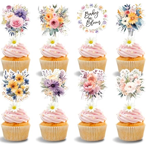 Wildflower Baby in Bloom Floral Cupcake Toppers - 40 Pack, Ready to Use