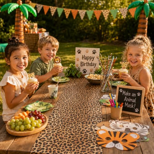 Leopard Print Table Runner Set - 12 Waterproof Plastic 14x108 Inches - Jungle Safari Party Decor