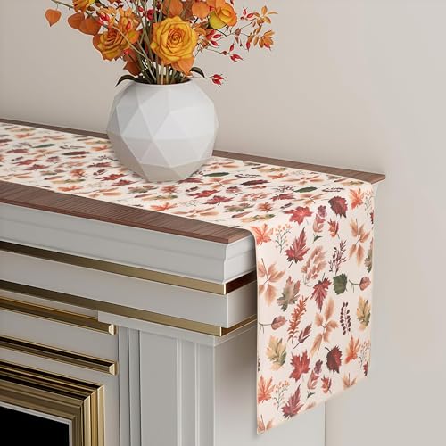 Fall Table Runner for Kitchen & Dining - Harvest Pumpkins & Leaves, Water-Resistant, 13 x 36 inches
