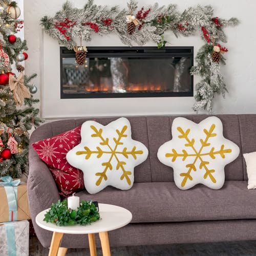 Snowflake Throw Pillows Set - Gold Winter Decorative Cushions, 2 Pieces