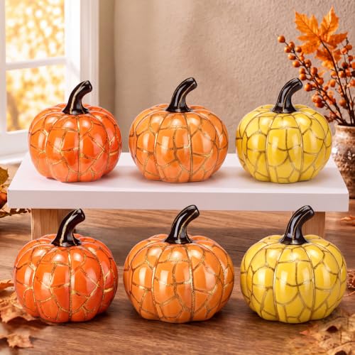 Set of 6 Fall Ceramic Pumpkins for Farmhouse Decor - Orange & Yellow