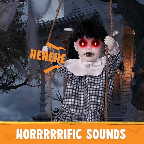 Halloween Outdoor Hanging Swing Girl Decor with Creepy Sound and Light-Up Eyes