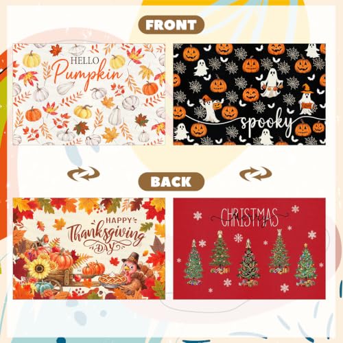 Black Red Reversible Fall Halloween Placemats Set of 8 12 x 18 Inches
