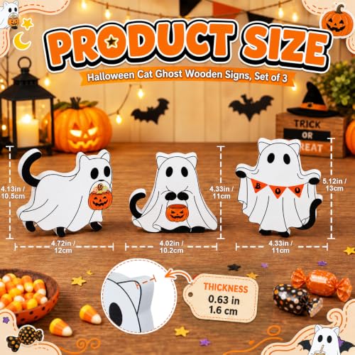 Halloween Cat Ghost Decor Set - Wooden Figurines for Tiered Tray & Tabletop - Pumpkin Variation