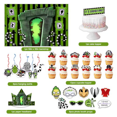 Halloween Horror Party Decorations Set with Backdrop, Masks, Headbands, Cupcake Toppers & Photo Booth Props