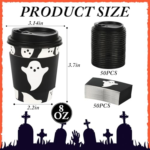Halloween Ghost Disposable Coffee Cups with Lids & Sleeves - Black Ghosts
