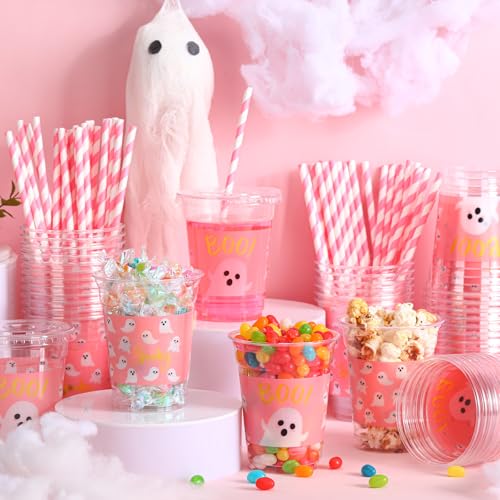Pink Halloween Ghost Plastic Cups with Lids & Straws - 50 Pcs Party Supplies