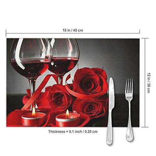 Set of 6 Red Wine Rose Placemats - Washable Table Mats for Dining & Home Decor