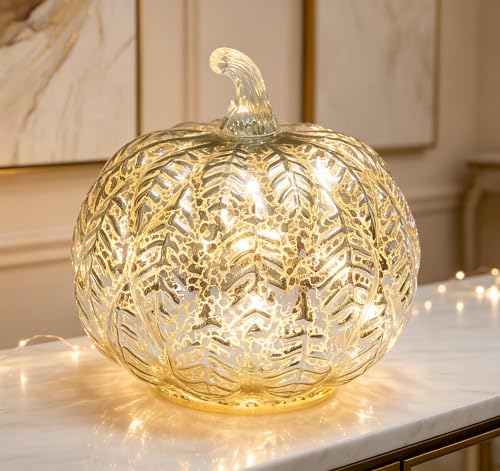 Mercury Glass Pumpkin Light with Timer - Silver Fairy Lights Halloween Fall Decor