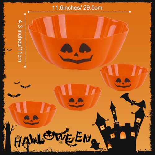 Large Halloween Candy Bowls Set of 4 - Reusable Plastic Pumpkin Trick or Treat Bowls, 11.6 Inch Orange