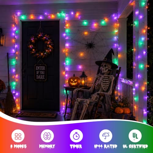 Halloween String Lights Outdoor Waterproof 66ft 200 LED Dual-Color with 8 Modes & Timer - Purple, Orange, Green