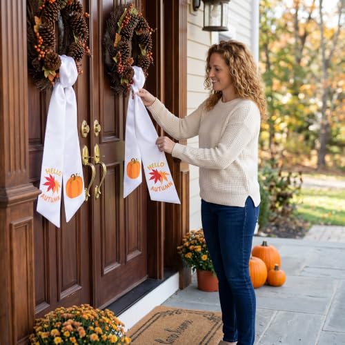 Fall Wreath Sash Set - White and Pumpkin Autumn Front Door Decor, 2 Pieces