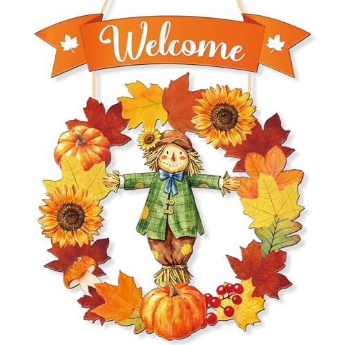 Wooden Fall Welcome Door Hanging Wreath Decor - Scarecrow Design