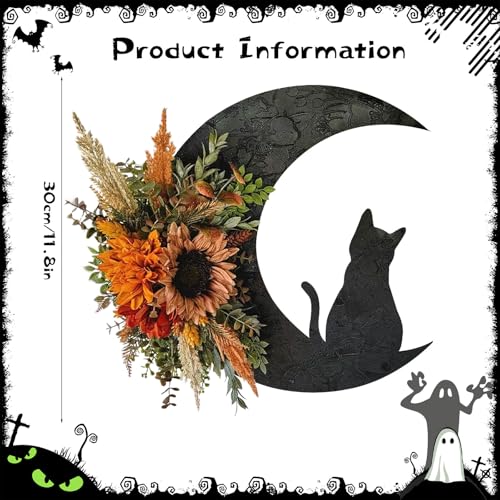 Halloween Wreath with Cat Moon and Sunflower - Fall Door Hanger Decor
