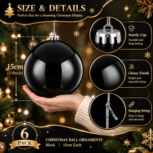 Large Black Christmas Ornaments Balls - 6 Inches Holiday Tree Decor - Set of 6