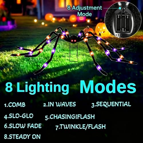 1 Pack 8 Modes Light-Up Halloween Giant Spider - 5 Ft with Purple & Orange Lights, Outdoor Yard Decor