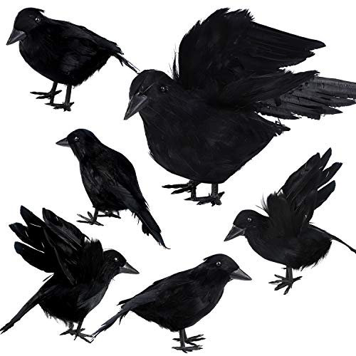Realistic Feathered Black Crow Decorations Set for Halloween & Autumn