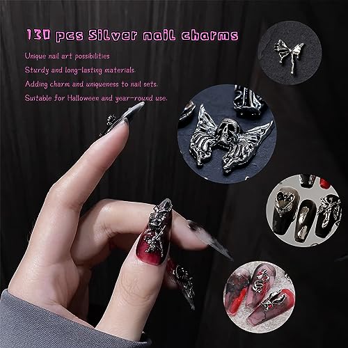 Gothic Nail Charms Set - 130 Pieces Y2K Punk Emo Silver & Black Nail Art Accessories