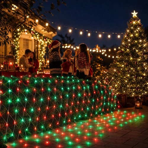 Christmas Net Lights 360 LED Waterproof String Lights - Red & Green, 12ft x 5ft, 8 Modes, Connectable Outdoor Decor