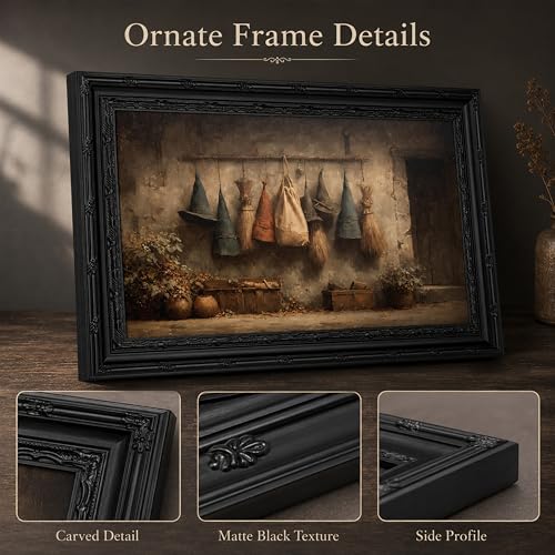 Vintage Halloween Witch Hat & Broom Canvas Wall Art - 16x12 Inches - Framed