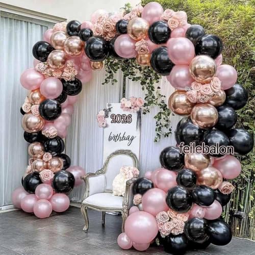 Pink Black Balloon Arch Kit - Double Stuffed Pastel Pearl & Gold Balloons for Birthday, Wedding, Baby Shower, Halloween - Variation: Pink Black
